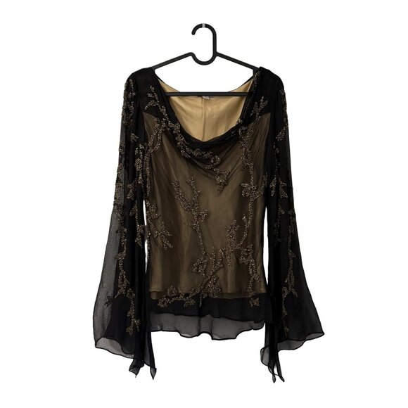 Cache Tops - **NFS. VTG Cache Black Gold Silk Beaded Y2K Whimsical Cowl Neck Blouse Medium